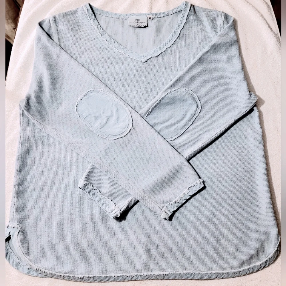 Hot Cotton Long-sleeved Shirt Dusty Blue Medium Cozy Soft Raw Hems ๐ - Picture 2 of 4